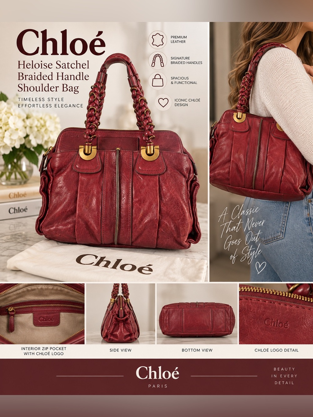 Chloe Heloise satchel Braided Handle Leather Shoulder Bag in Deep Wine-GUC